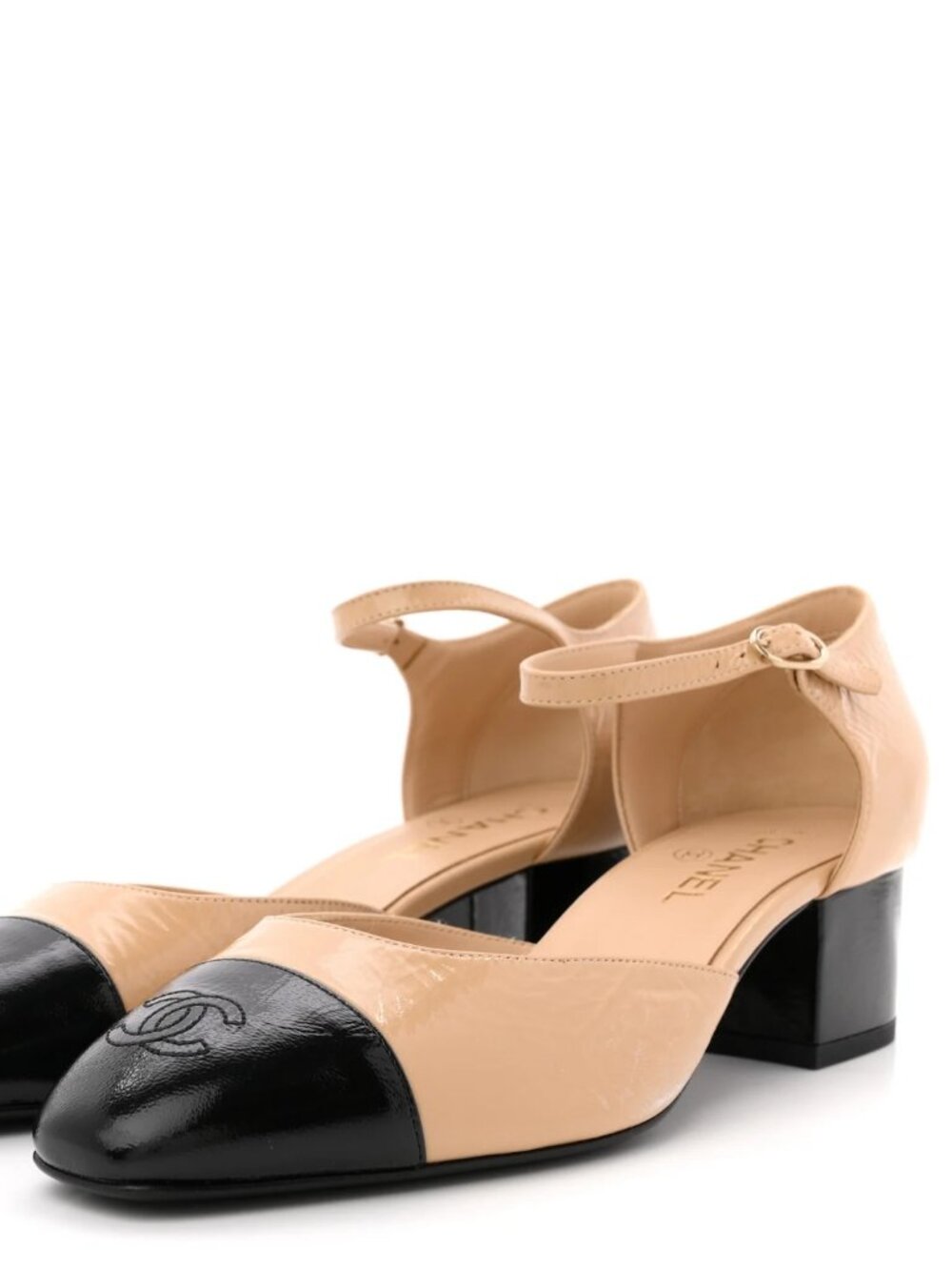 CHANEL 25C Shiny Lambskin Leather Cap Toe CC Mary Jane Pumps Heels Sandals